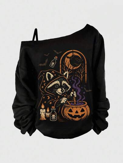 Goth Plus Size Women Dark Cat & Pumpkin Graphic Loose Fit Asymmetrical Shoulder Sweatshirt, Halloween, Fall Top