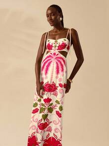 CAJUNI Váy maxi crop top không tay buộc eo họa tiết cây dừa và hoa nhiệt đới Boho dành cho nữ, váy đi nghỉ thường ngày - Đỏ - Xem 3