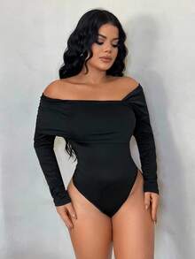 SHEIN SXY 不对称领口黑色长袖紧身衣 - 黑色 - 查看 3