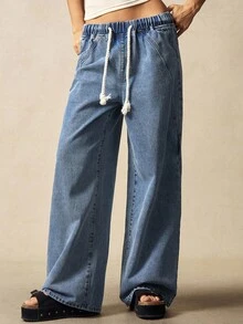 Bohemela Casual Solid Color Woven Denim Loose Pants - Blue - View 1
