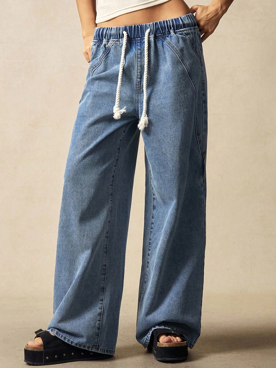 Bohemela Casual Solid Color Woven Denim Loose Pants - Blue - View 1