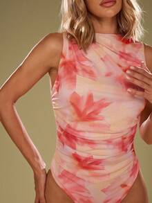 SHEIN BAE 女士优雅花卉印花无袖紧身衣，夏季 - 粉色 - 查看 7