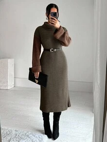 EURMUSE Women's Autumn/Winter Fashion Color Block High Neck Knit Dress - Dark Green - View 4