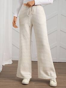 SHEIN LUNE Quần vải kaki kẻ sọc lót nhiệt dành cho nữ, có túi và viền xẻ, ống đứng, trang phục thường ngày, thu/đông - Màu Khaki - Xem 3