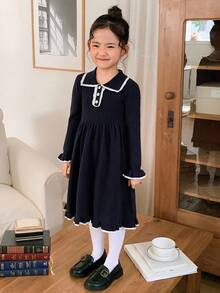 DAZY Gaun Rajut Kasual Anak Perempuan dengan Warna Kontras dan Hiasan Ruffle, Musim Gugur/Dingin - Navy Blue - View 2
