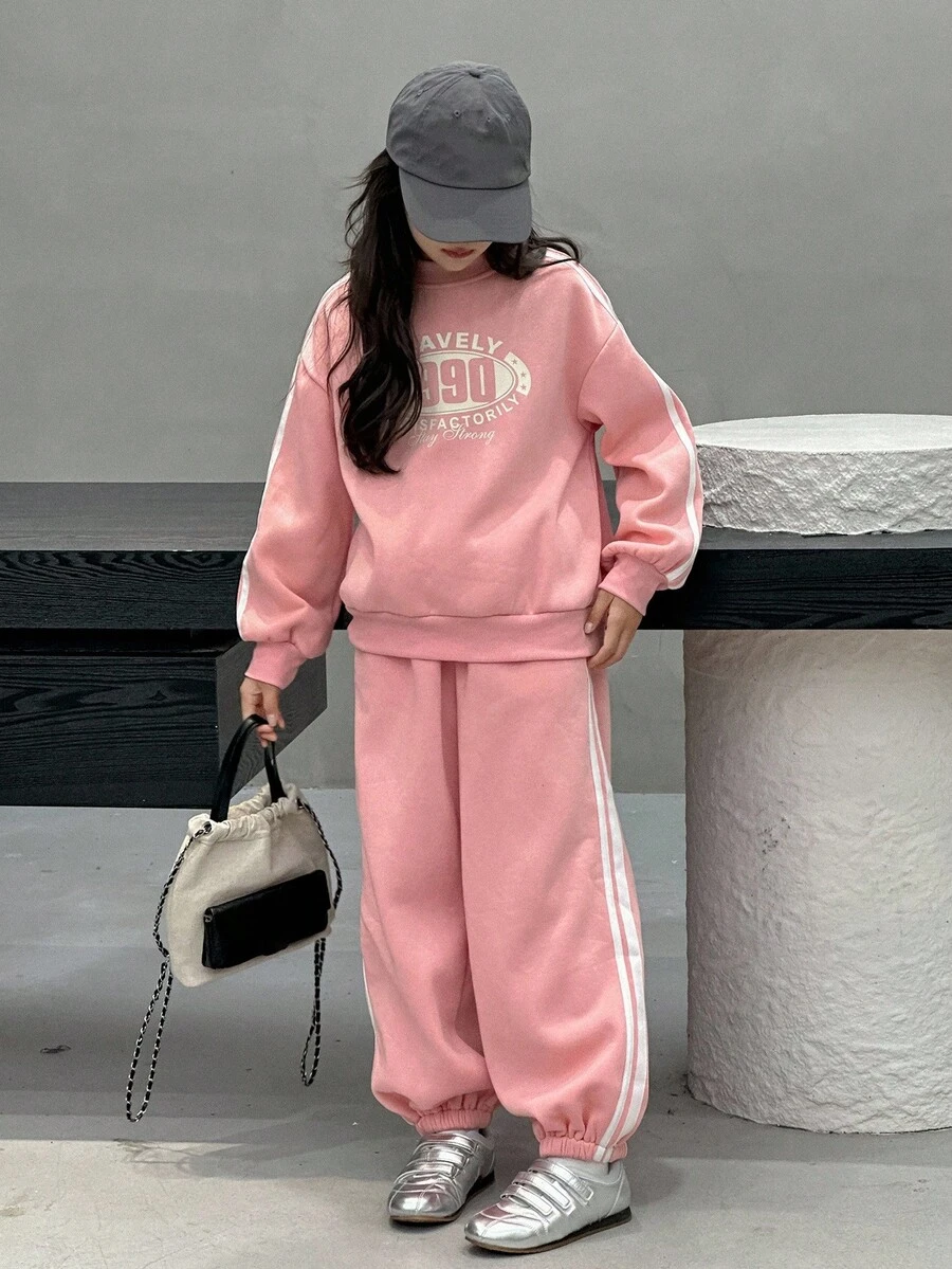 Dazy Kids 2pcs Tween Girls Crew Neck Fleece Printed Sweatshirt And Sweatpants Set, Fall,Winter - Pink - View 1