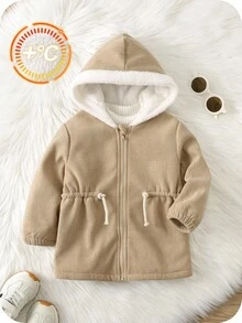 SHEIN Abrigo acolchado con capucha de manga larga para bebé/niño pequeño, chaqueta de invierno de forro polar grueso, diseño cómodo, casual, diario, elegante y minimalista, adecuado para interior, exterior, diario, deportes, juego, fiesta, sesión de fotos, festival, Halloween, Navidad, Año Nuevo - Albaricoque - Ver 6