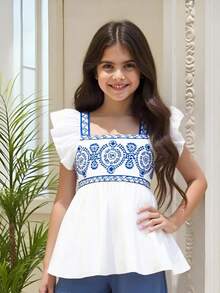 Tween Girl Vacation Casual Blue Printed Ruffle Trim Blouse - White - View 5
