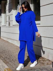 RueChic 女士實色長款毛衣和針織長褲兩件套 - 藍色 - 查看 4