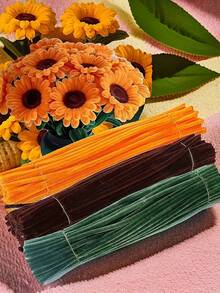 优质毛绒雪尼尔茎 - 100/150 件，用于逼真的向日葵花束和家居花卉装饰，扭曲棒用于 DIY 向日葵花束手工材料毛绒雪尼尔茎 - Yellow + Brown + Grass Green - 查看 1