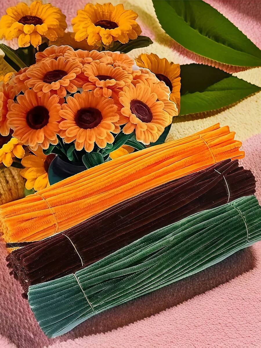 优质毛绒雪尼尔茎 - 100/150 件，用于逼真的向日葵花束和家居花卉装饰，扭曲棒用于 DIY 向日葵花束手工材料毛绒雪尼尔茎 - Yellow + Brown + Grass Green - 查看 1