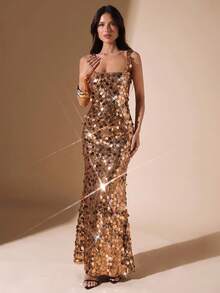 SHEIN BAE 秋冬纯酒红色亮片细肩带修身优雅露背连衣裙，适合派对、活动、节日、正式场合、鸡尾酒会 - 酒紅色 - 查看 6