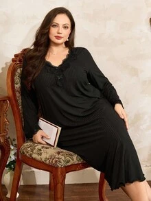 Côtesoire V-Neck Lace Trim Soft & Breathable Ribbed Long Sleeve Casual Nightgown Women Plus Size, Fall & Winter, Cozy Outfit - Black - View 1