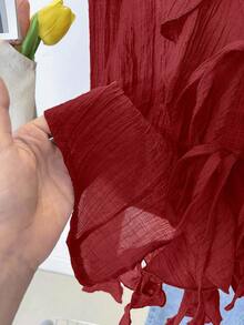 INAWLY 法式 V 领褶饰荷叶边系带衬衫 - 紅色 - 查看 8