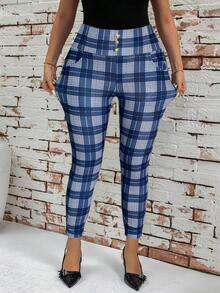 SHEIN Clasi Plus Size Fashionable Plaid Slim Fit Pants - Blue and White - View 3