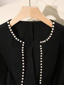 Modelyn Elegant Romantic Luxury Pearl Decor Plus Size Open Front Cardigan, Versatile Fashion - Black - View 5