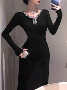 DAZY Women's Beaded Hollow-Out Long Sleeve Cinched Waist Fitted Elegant Dress Prom Dress Sweater Dress