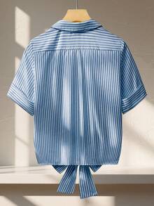 Franclia 时尚休闲日常百搭下摆系带蝴蝶结黄色条纹腰部收腰修身女式衬衫女夏季新款服装 - 中等水洗藍 - 查看 2