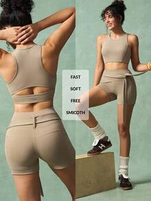 VARSITIE Workout Women Sets Women's Solid Color Round Neck Cropped Tank Top And Tie Waist Shorts Sports Set Beige Workout Set Yoga Two Piece Set Active Two Pieces Set Two Pieces Workout Set