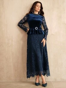 Anewsta Váy midi thanh lịch, sang trọng, phù hợp cho mùa thu, đông, năm mới, tiệc tùng, đám cưới - Xanh đậm - Xem 4