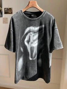 SHEIN EZwear 女士夏季黑色针织酸洗鬼脸印花T恤 - 黑色 - 查看 3