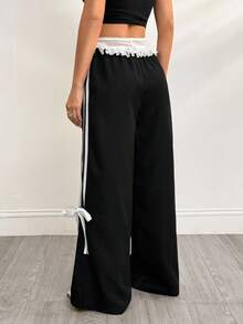 SHEIN PETITE 女式夏季黑色上学可爱 Y2K 派对蕾丝蝴蝶结中腰直筒黑色裤子 - 黑色 - 查看 2