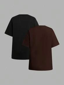 SHEIN BASICS 2件套休闲纯色针织圆领宽松女式T恤 - 咖啡棕 - 查看 2