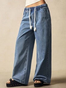 Bohemela Casual Solid Color Woven Denim Loose Pants - Blue - View 5