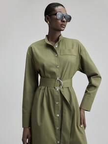 Ontre 2025 新款女式长裙，秋冬，现代都市风格，女装，军绿色，收腰宽松版型，系带，商务休闲，通勤，日常穿着，秋冬，圣诞节，万圣节，节日，度假，派对，合身廓形，女装，都市时尚，简约优雅女装，纽扣，梭织面料，女装 - 軍綠色 - 查看 5