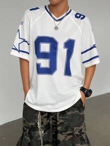 Flirla Áo thun thể thao tay ngắn in số phối lưới phối màu rộng rãi cho nữ, áo thun họa tiết mùa xuân/hè dành cho nữ - trắng - Xem 4