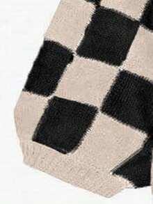 Sweetra Áo khoác cardigan dệt kim dáng rộng, dài tay, hở phía trước, họa tiết caro mùa thu dành cho nữ - Nhiều màu - Xem 5