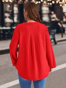 EMERY ROSE Plus Size Solid Color Notched Neck Roll Up Sleeve Casual Blouse ,Winter Clothes V Neck Blouses For Women Red Shirt Plus Size - Red - View 5