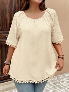 EMERY ROSE 大码女式休闲宽松纯色衬衫，夏季 - 米色 - 查看 3