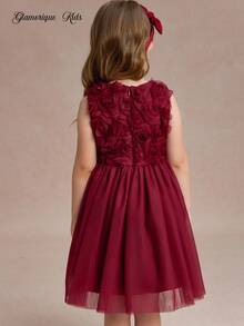 1 Set Burgundy Formal Dress With Short Jacket, 3D Rose Decor, Sleeveless Mesh Skirt, Wedding, Summer Traditional Christmas Party Dress For Young Girl - Burgundy - View 4