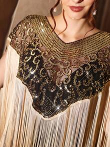 Vintamour 时尚亮片刺绣流苏下摆披肩上衣 - 黑色和金色 - 查看 7