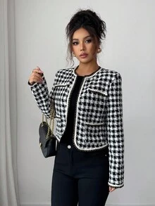 Elenzga Chaqueta de mujer de tela elegante y romántica para ir al trabajo - Blanco y Negro - Ver 5