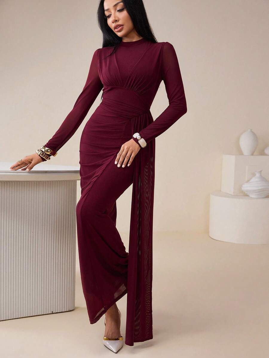 Veilorie Women's Solid Color Stand Collar Long Sleeve Pleated Fitted Elegant Mesh Arabic Dress Burgundy - Burgundy - View 1