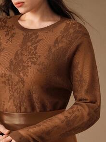 Anewsta Sheer Openwork Knit Round Neck Sweater, Elegant, Chic, Stylish, Suitable For Fall, Winter, New Year, Christmas, Going Out - Coffee Brown - View 1
