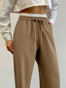 SHEIN Tall Colorblock Wide Leg Pants With Drawstring Wide Leg Sweatpants Flare Sweat Pants Straight Leg Pants Petite Wide Leg Pants, Tall Women - Beige - View 5