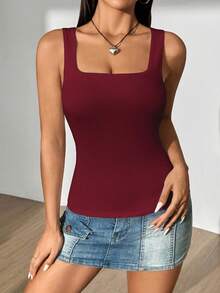 Flirla Women's Solid Color Pleated Cropped Fitted Square Neck Casual Tank Top - Burgundy - View 4