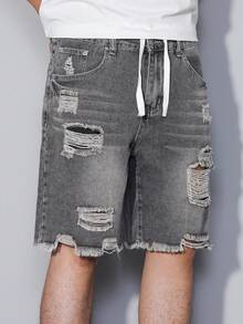 Manfinity Homme 男士灰色破洞牛仔百慕大短裤，哥特朋克风格，破洞牛仔短裤，男士，emo 风格 - 灰色 - 查看 6