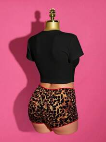 Slaydiva 2025夏季新款街头休闲修身白色短袖豹纹T恤+豹纹撞色蕾丝拼布短裤女两件套,音乐节,复活节,度假,辣妹,休闲街头,毕业典礼,日常出游,派对聚会-A - 黑色 - 查看 2