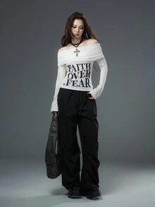 Bloopia 休闲时尚百搭女装秋冬万圣节图案字母印花网眼拼接露肩修身针织上衣 - 白色 - 查看 6