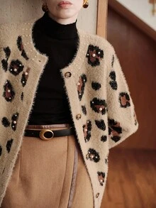 Uhlyne Uhlyne French Retro Leopard Print Embellished Studded Fluffy Knit Cardigan, For Spring And Autumn Fall Winter Elegant Casual Versatile Holiday Commute Daily , Small Round Neck Collar With Rhinestone Trim, Cuff With Rhinestone Trim, Leopard Jacquard Velvet Texture, Loose Fit, Old Money Style - Camel - View 6