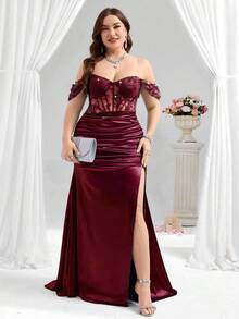 Coutiva 优雅性感上半身透视牡丹亮片刺绣拼接针织缎面下摆高开叉褶皱裹臀鱼尾下摆晚礼服、婚礼嘉宾、毕业典礼礼服 - 酒紅色 - 查看 4