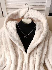 SHEIN 少女休闲保暖提花连帽长款开衫，杏色和浅卡其色，秋冬女装，少女冬季服装，少女长款开衫 - 杏色 - 查看 4