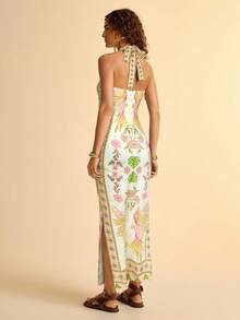 CAJUNI 女式波西米亚风格度假休闲植物与鸟类深色印花交叉领连衣裙 - 粉色 - 查看 2