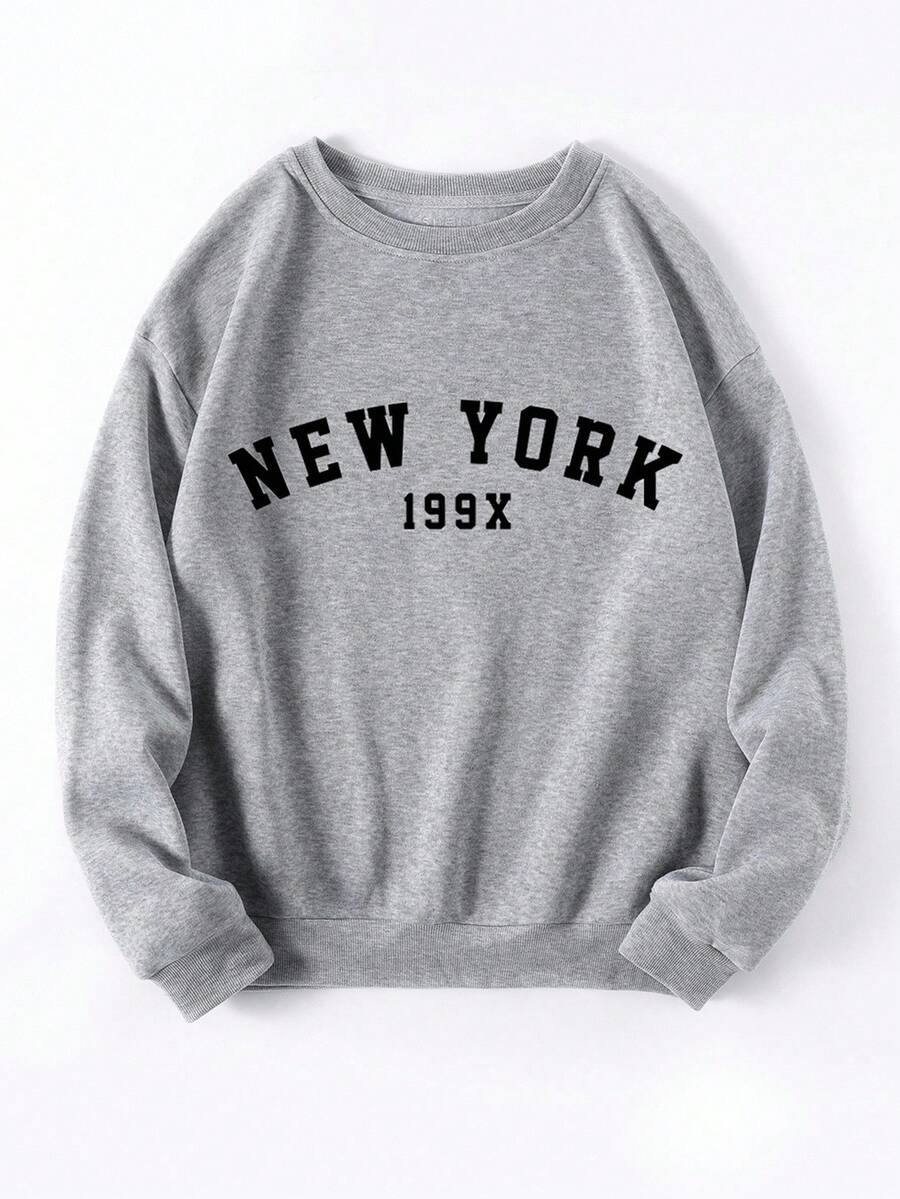 INAWLY Letter Graphic Thermal Lined Sweatshirt Fall Cloth For Women - Light Grey - View 1