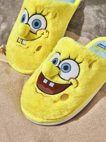 SpongeBob SquarePants | SHEIN Dép đi trong nhà chống trượt họa tiết hoạt hình thêu dễ thương thời trang cho nữ, chất liệu vải mềm mại, ấm áp, đế bền, phù hợp cho phòng ngủ, phòng máy lạnh, mùa xuân, thu, dành cho cả nam và nữ - Màu vàng - Xem 4