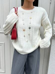 Chiquease Women's Apricot Crew Neck Ribbed Minimalist Chic Pullover Sweater - Apricot - View 5